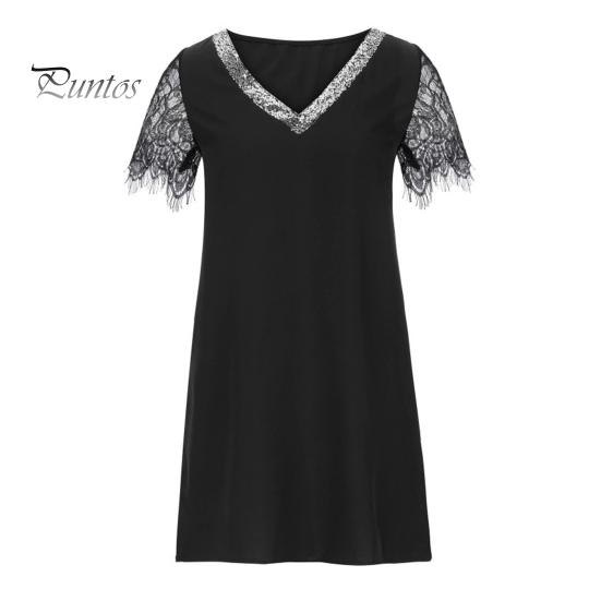 Женское летнее платье с v-образным вырезом и блестками, ажурное кружевное платье с цветочным краем, свободное однотонное мягкое мини-платье с короткими рукавами