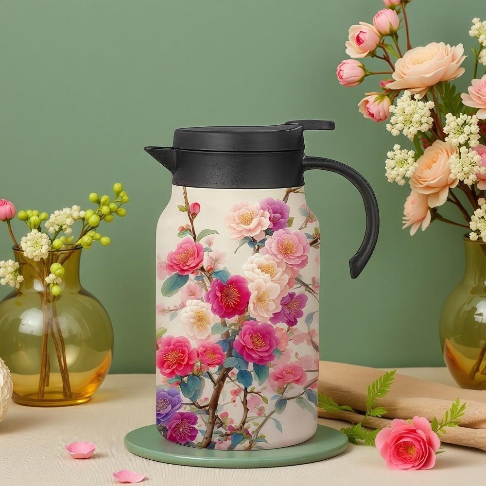 Chinese Style Retro Flower Insulated Kettle Hot Water Stainless Steel Vacuum Flask Vintage Floral Printing Water Cup for Outdoor