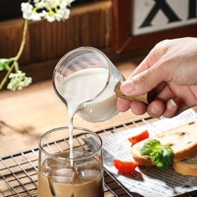 1 шт. Стеклянная мерная чашка с деревянной ручкой Стеклянная мерная чашка для эспрессо Двойная Одинарная горловина Молоко Кофе Прозрачная кружка Кофейные принадлежности