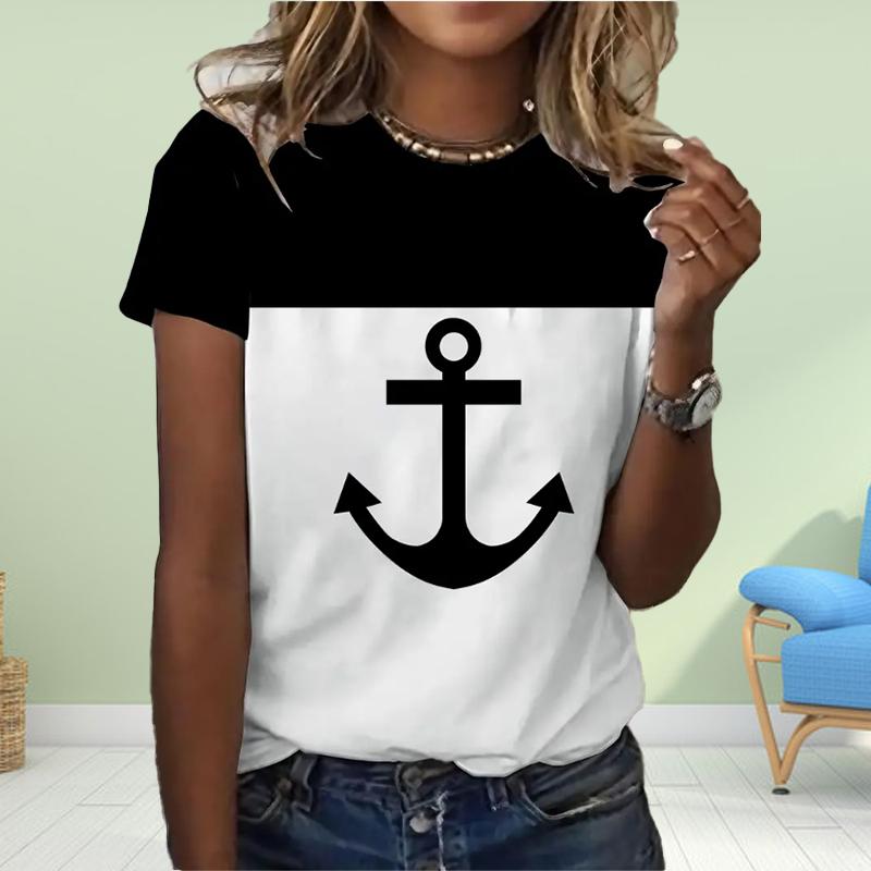 Модная женская футболка с принтом якоря в морском стиле, забавная повседневная футболка с круглым вырезом и короткими рукавами, летняя женская футболка