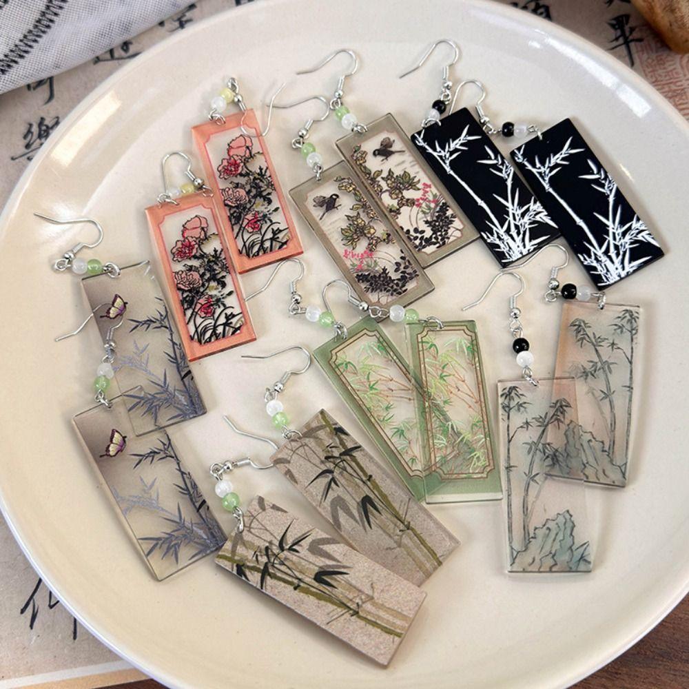 Нежные серьги с росписью тушью, винтажные акриловые серьги-украшения, новые китайские серьги-крючки в стиле ханьфу