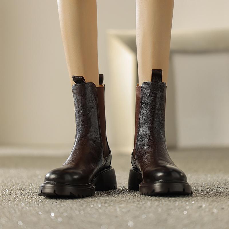 Krazing Pot Осенне-зимняя обувь из коровьей кожи с круглым носком на платформе, большие размеры, базовая одежда, ботинки челси без шнуровки на толстом среднем каблуке, женские ботильоны