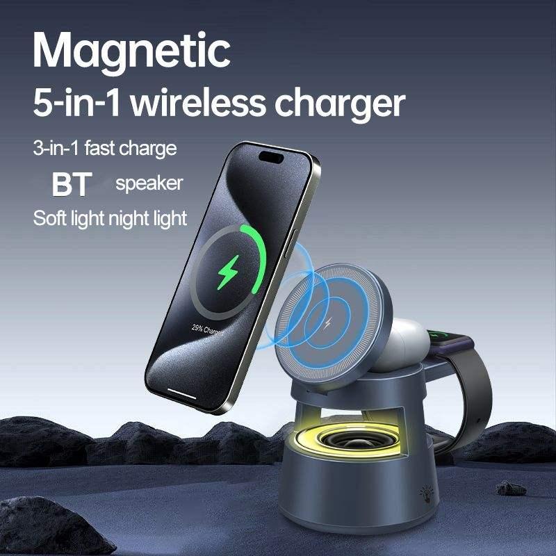 Mindpure 3-in-1 Magnetic Wireless Charger Station Foldable 15W Charging Stand with RGB Night Light and Speaker