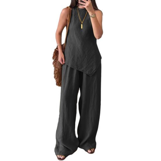 Женский комплект из двух предметов с неровным подолом, безрукавка, топ с круглым вырезом, широкие брюки, летний повседневный спортивный костюм