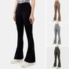 Women Flared Pants Elastic High Waist Wide Leg Casual Trousers with Flap Pockets Solid Color Cargo Pants Daily Wear