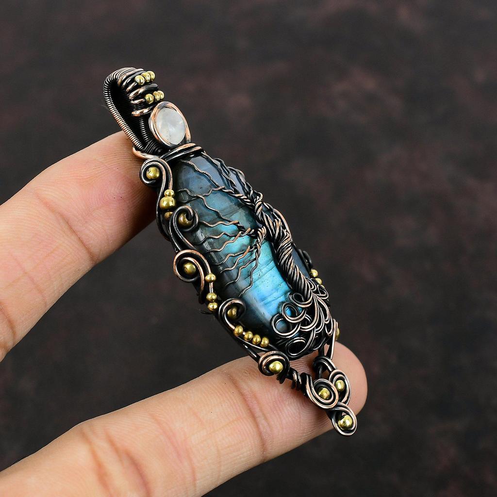 Подвеска из лабрадорита «Дерево жизни», подвеска из медной проволоки, подвеска из радужного лунного камня, ювелирное изделие ручной работы из драгоценных камней, подарок для нее, медные украшения