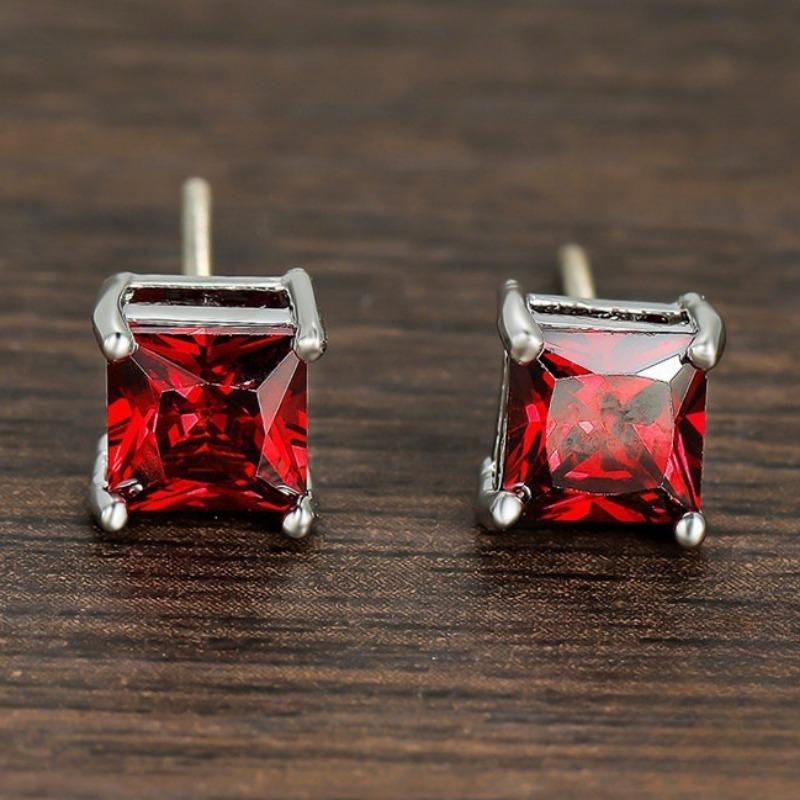 New Shiny Red Square Cubic Zirconia Stud Earrings for Women Fashion Copper Color Geometry Brides Wedding Jewelry Party Gift