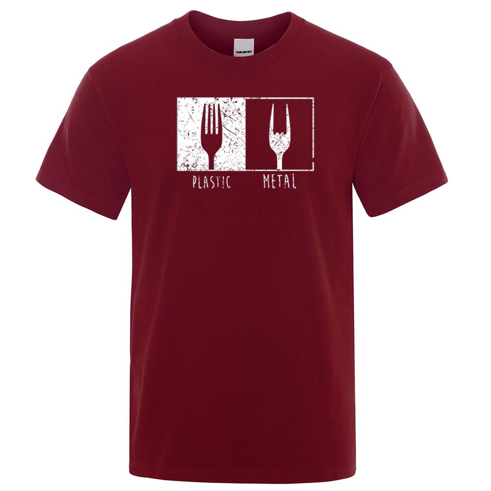 Узор из повседневных предметов Металлическая пластиковая вилка Футболка Хлопок Короткий рукав Мужские футболки Панк Хип-хоп Футболки Винтажная уличная одежда