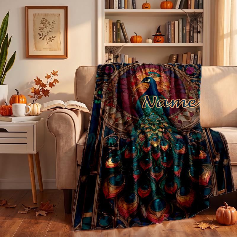 Retro Peacock Custom Flannel Blankets Soft Warm Cozy Throws for Home Decor Holiday Gifts
