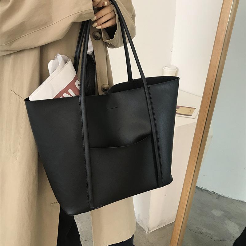 Винтажные женские черные сумки-тоут, коричневые сумки через плечо большой емкости, повседневные сумки для поездок на работу, простые универсальные сумки с карманами