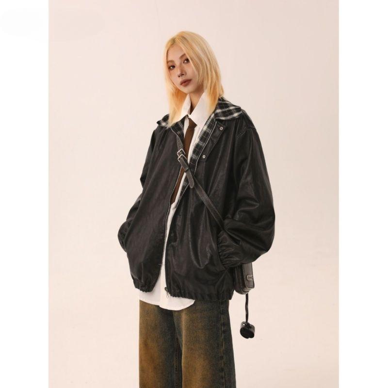 American Retro Brown Leather Jacket, Men's and Women's Autumn/winter Double-sided Jacket, Maillard Loose Plaid