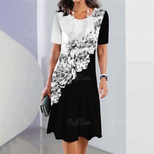 Элегантное платье с коротким рукавом, женская одежда, цветочный принт, О-образный вырез, свободное уличное летнее платье