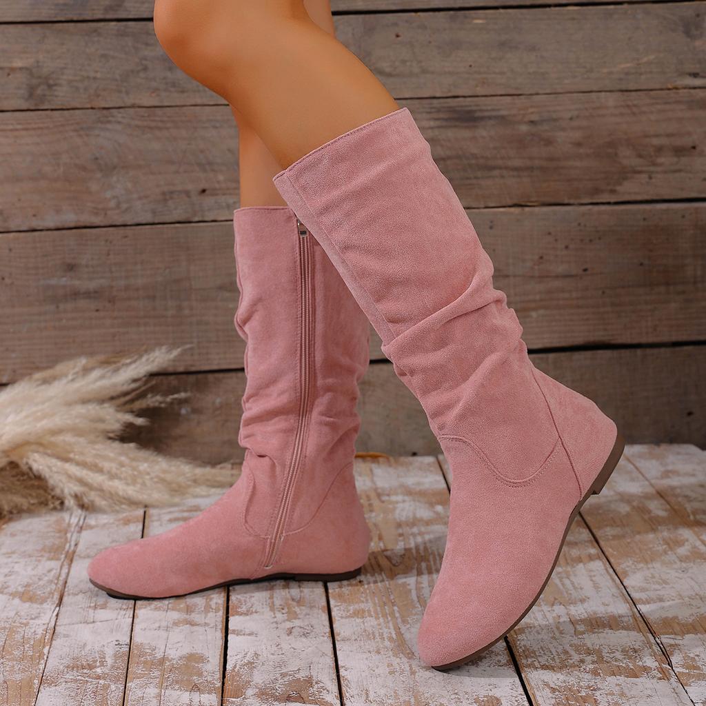 Мода 2025 Новые женские ботинки большого размера на плоской подошве с боковой молнией, повседневные, модные, ботинки с высоким голенищем, модные ботинки с плиссировкой