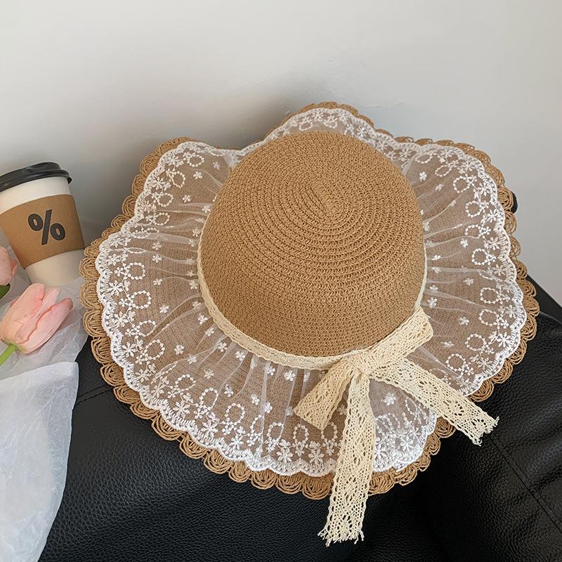Кружевная соломенная шляпа, Женская, Летняя с широкими полями, Для улицы, Защита от УФ-лучей, Плетеная из соломы, Солнечная шляпа, Пляжная шляпа у моря