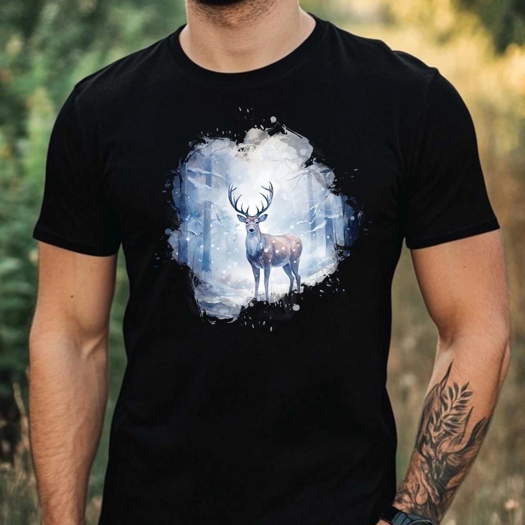 T-Shirt Herren Hirsch im Verschneiten Wald Motiv Baumwolle Größe XS bis 5XL
