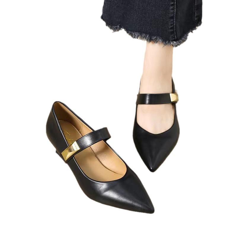 Модная темпераментная женская обувь с острым носком, неглубоким верхом, одинарная обувь, модная и универсальная металлическая отделка, туфли на тонком каблуке