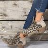 Round Head High Heel Short Boots Women's Autumn and Winter Leopard Print Thick Heel Pleated Large Size Martin Boots Rear Zipper and Bare Boots