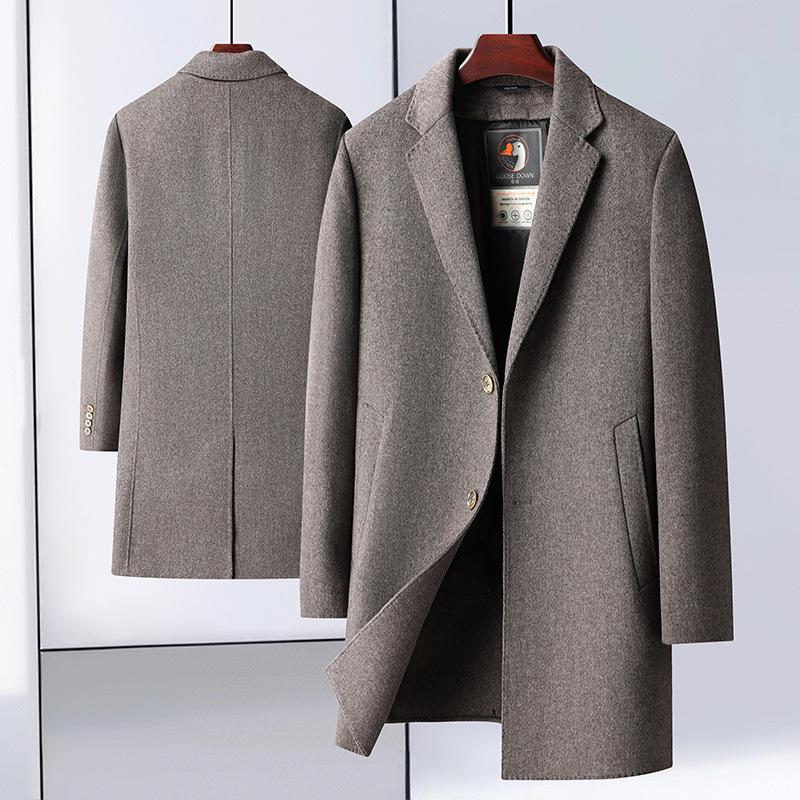 Зимнее мужское шерстяное пальто с подкладкой из гусиного пуха, средней длины, с воротником-стойкой, двухстороннее шерстяное пальто