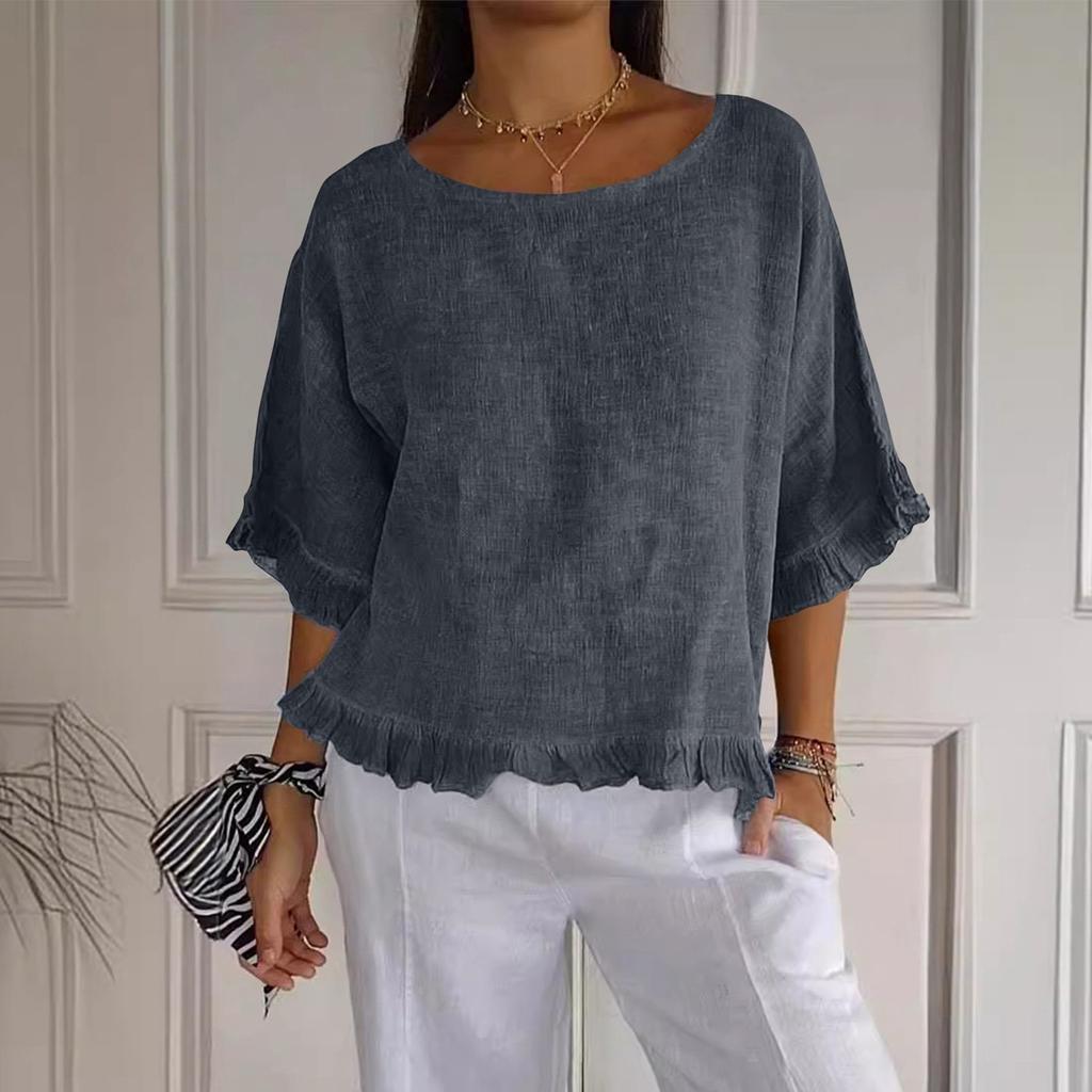 Women's' Fashion Solid Color Round Neck Short Sleeve Loose  Pullover Shirt Top