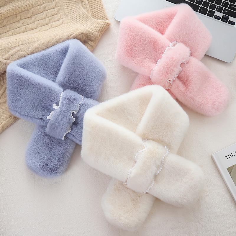 Pearl Scarf Women'S Winter Plush Scarf Rex Rabbit Hair Korean Version Warm Scarf Cross Versatile Girl Scarf