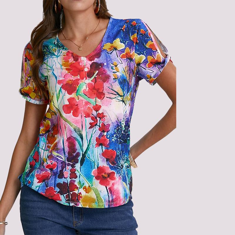 Женская рубашка с v-образным вырезом и короткими рукавами, красочная масляная живопись, свободная футболка с принтом, повседневная рубашка