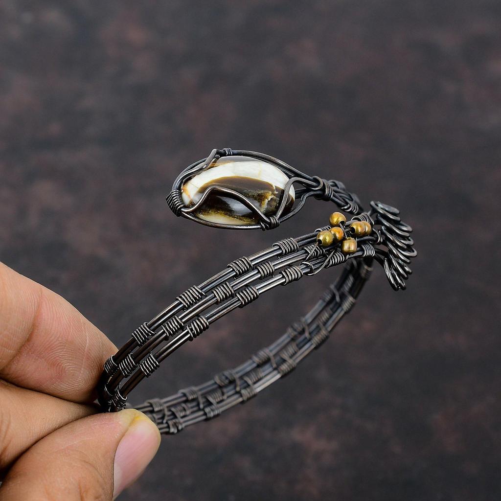 Браслет из арахисового дерева и яшмы, медная проволока, браслет-манжета, регулируемая манжета ручной работы, медная проволока, ювелирные изделия для подарков, ювелирные изделия с драгоценными камнями