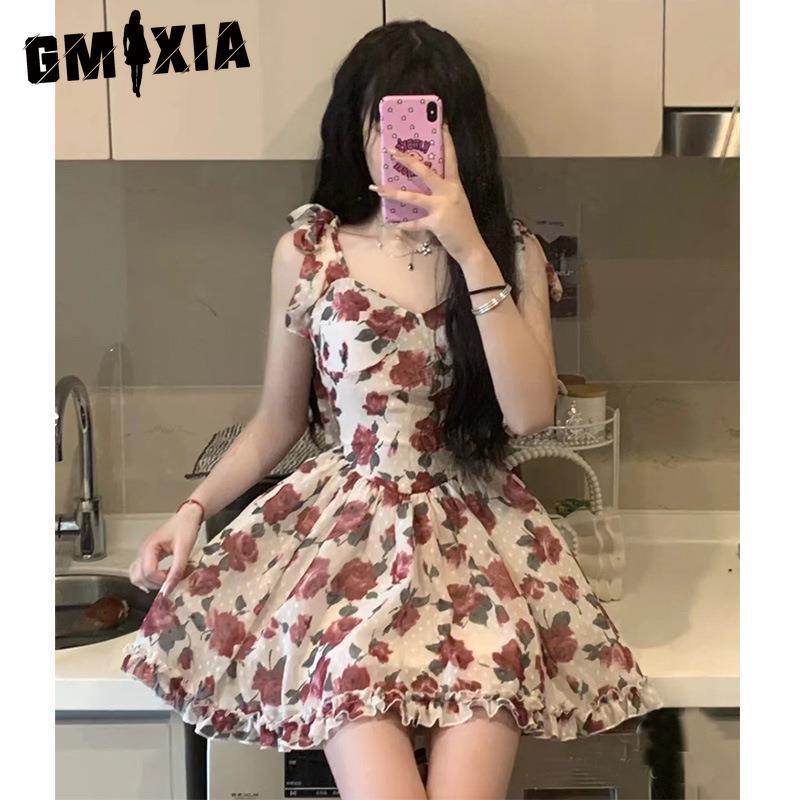 GMXIA Юбка с цветочным принтом, женская летняя юбка, чистое романтическое утягивающее розовое платье без рукавов