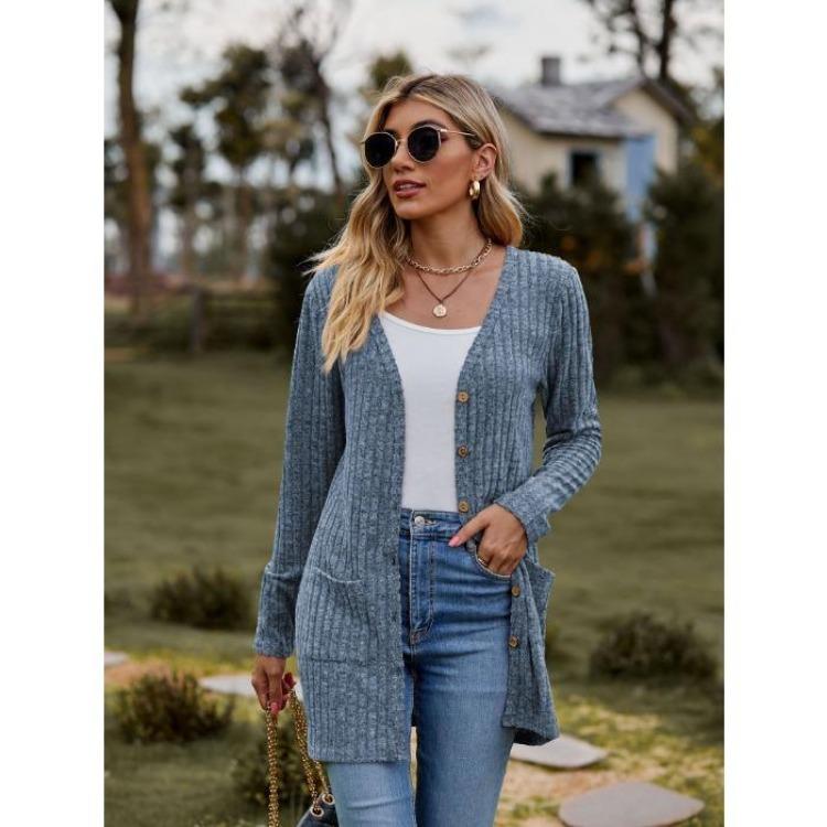 Women's Cardigan Sweater Long Sleeve Solid Color Striped Knit Autumn Winter Fashion