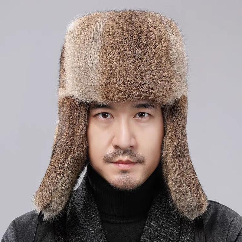 Rabbit Fur Cap Man Winter Genuine Fur Bomber Hat Windproof Warm Earmuffs Male Flat Grey/Black Russian Winter Rabbit Fur Hat