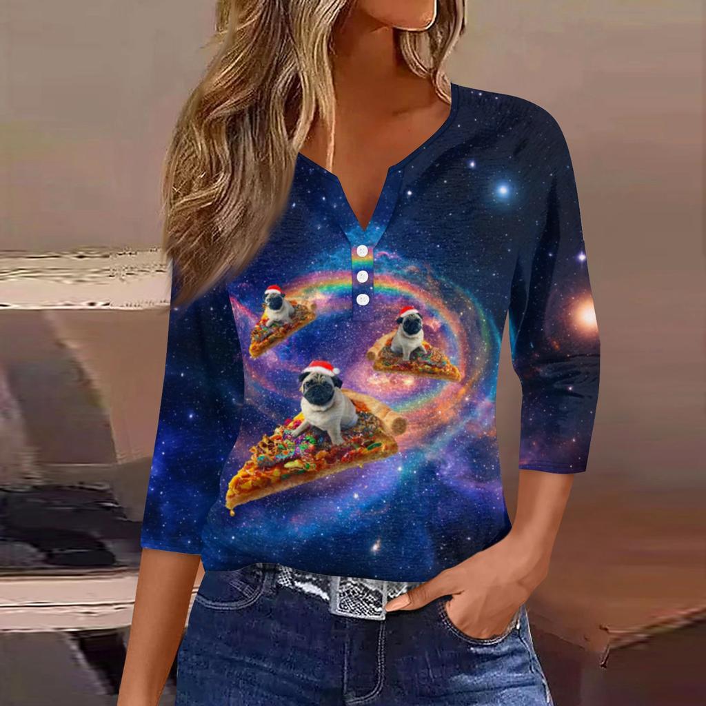 Women's Fashionable Casual Christmas Printed V-neck Three-quarter Sleeve Decorated Button Top