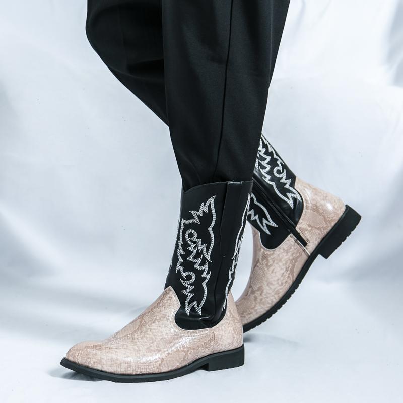 Мужские вышитые ковбойские сапоги с острым носком, повседневные, в стиле ретро, из кожи, мужские сапоги до середины икры, большого размера