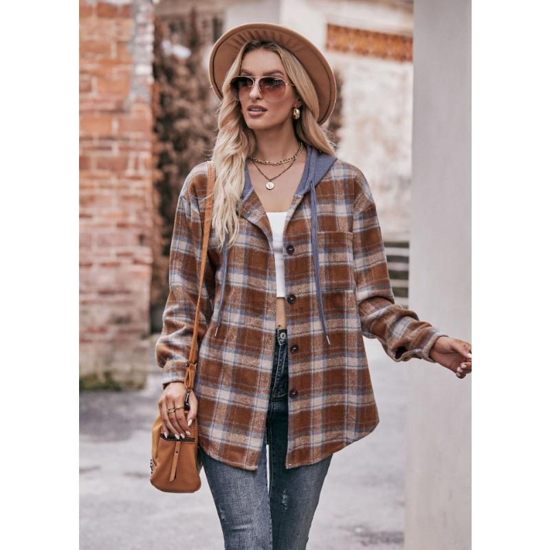 Женская мода повседневная весна-осень клетчатый принт с длинным рукавом и капюшоном блузки и рубашки