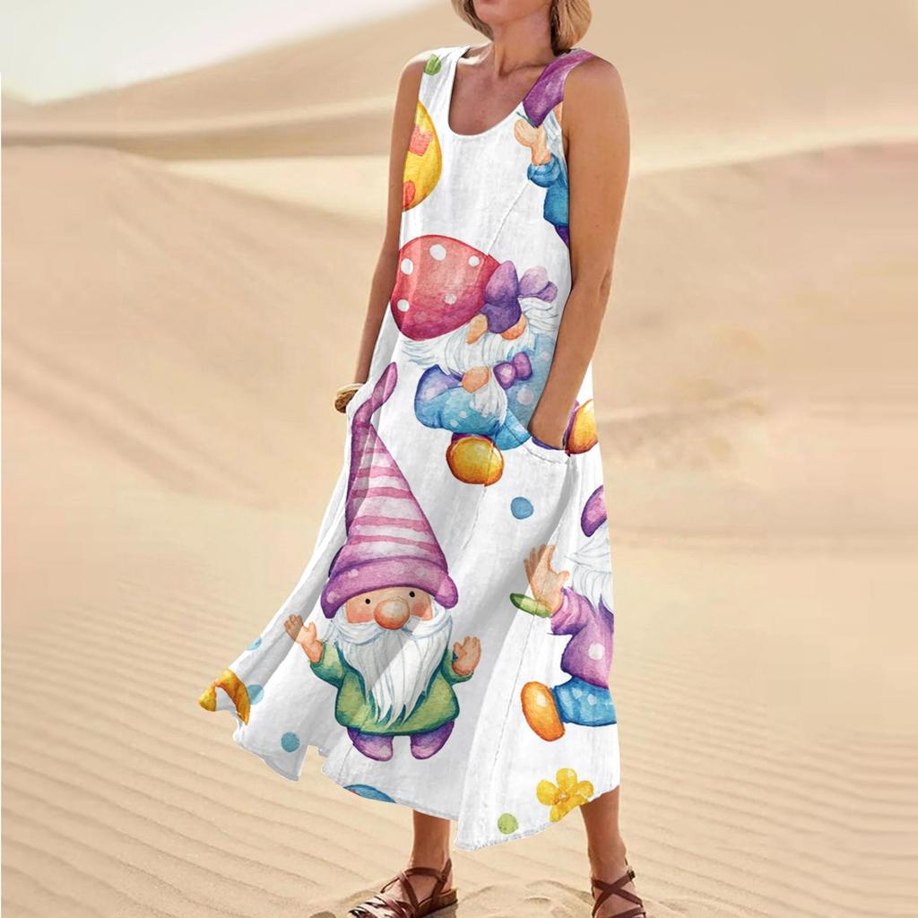 Women's Summer Casual Fashion Easter Printed Sleeveless Round Neck Pocket Dress
