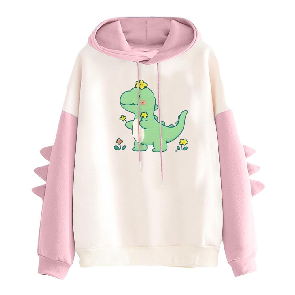 Women's Printed Contrasting Dinosaur Loose Casual Hoodie