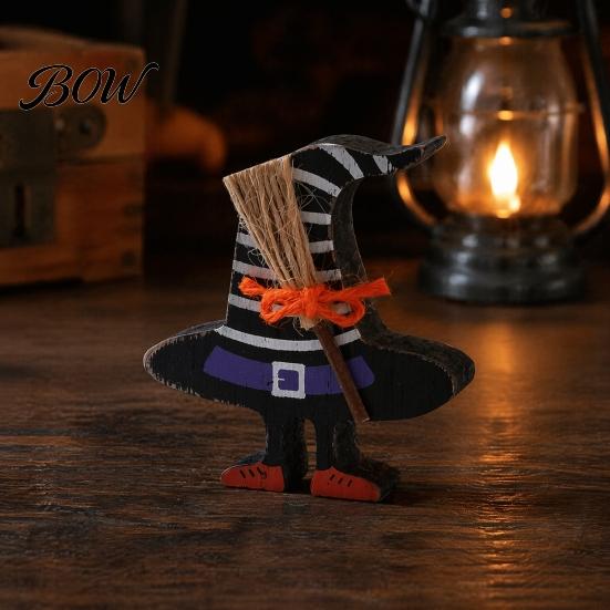 Vintage Witch Hat Ornaments Halloween Wooden Table Sign, Cute Ghost Bat Freestanding Tiered Miniature Room Decor Tray Ornament, Rustic Farmhouse