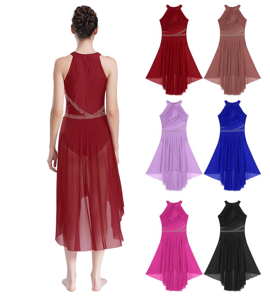 Женский лирический балетный купальник для бальных танцев, танцевальная одежда, блестящие стразы, рюши, современное платье, костюм для фигурного катания, гимнастики