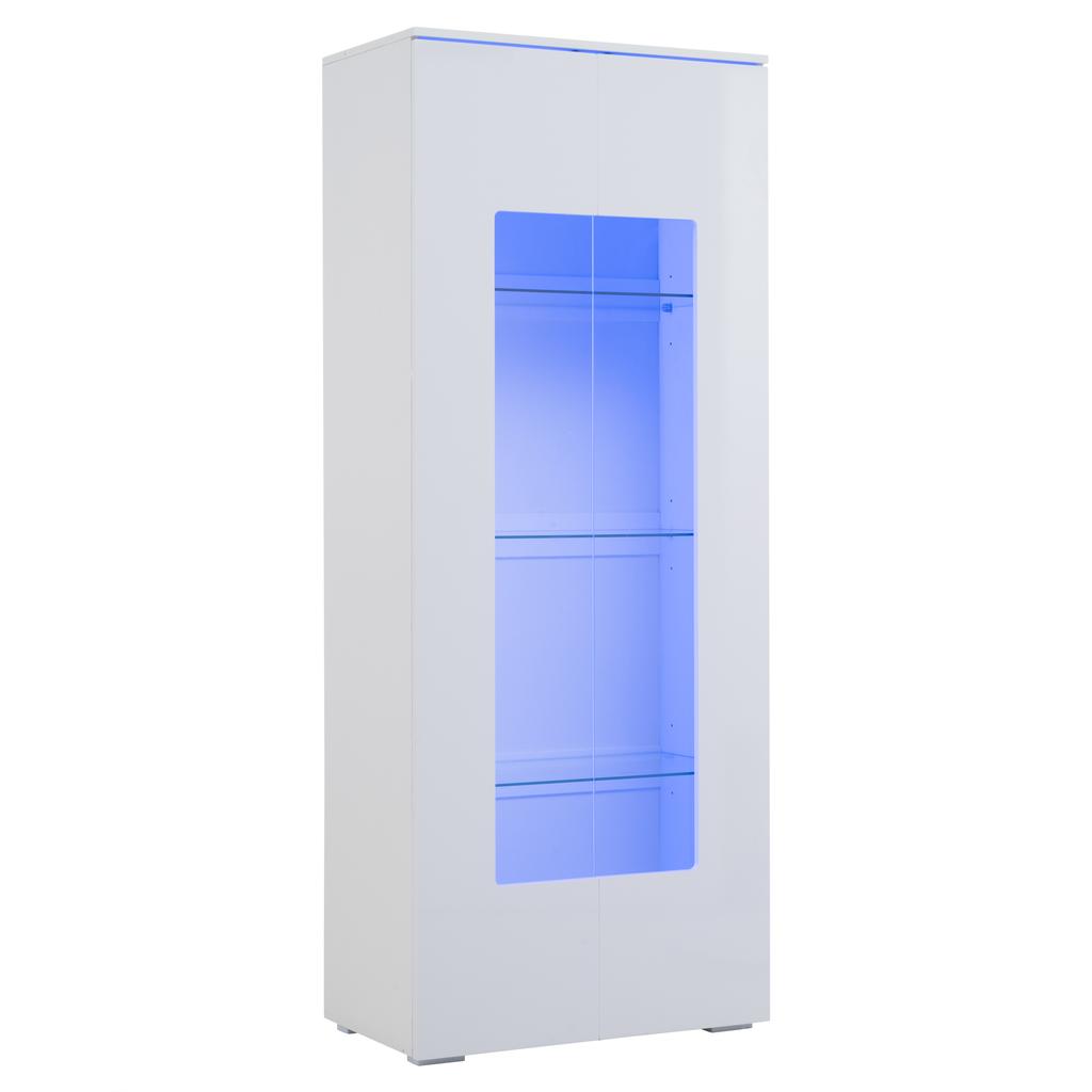70*40*173cm Living Room Display Cabinet with 2 Acrylic Doors, High Gloss, LED Light Strip, Load-Bearing Tempered Glass, Wide Tall Cabinet, MDF, White