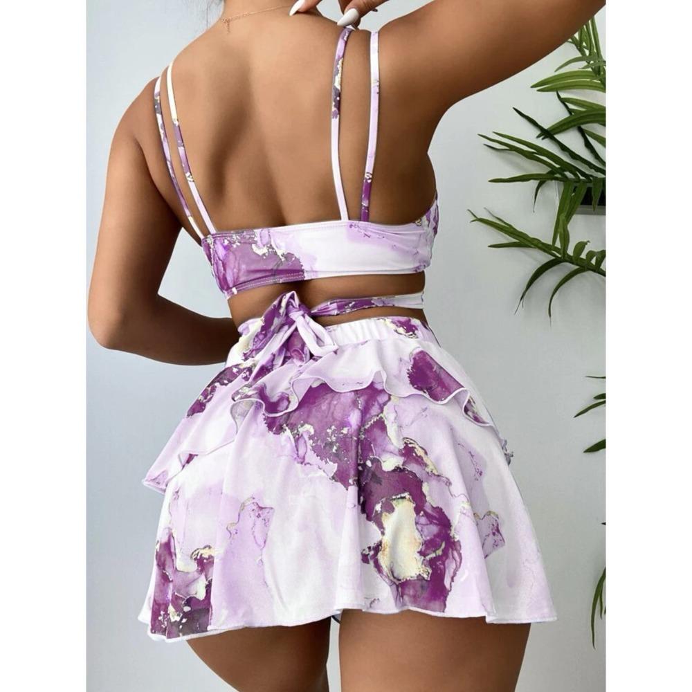 Three Pieces Marble Print Halter Micro Triangle Bikini Swimsuit Women Beach Skirt Swimwear Summer Beach Bathing Suit Bikini Set