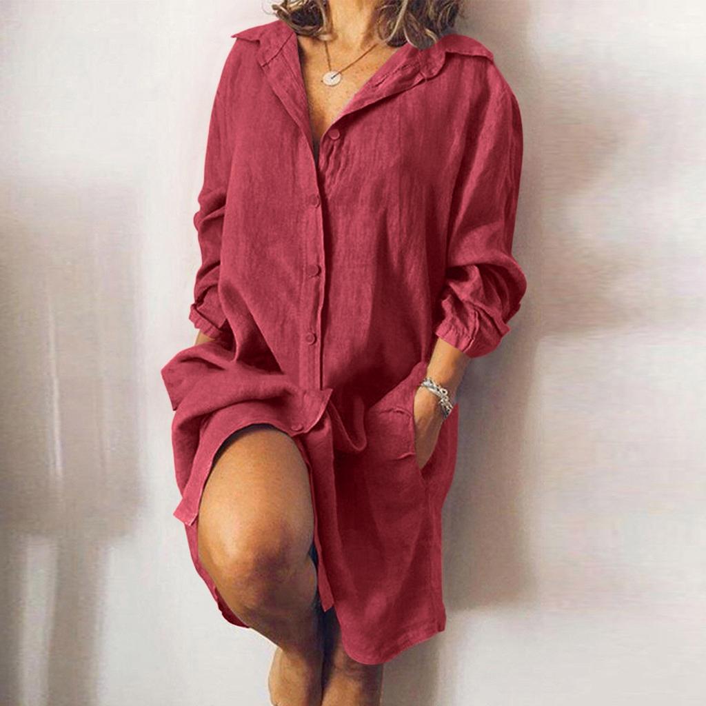 (SU)Женская рубашка из хлопка и льна, платье на пуговицах с v-образным вырезом, длинным рукавом и карманом до колена