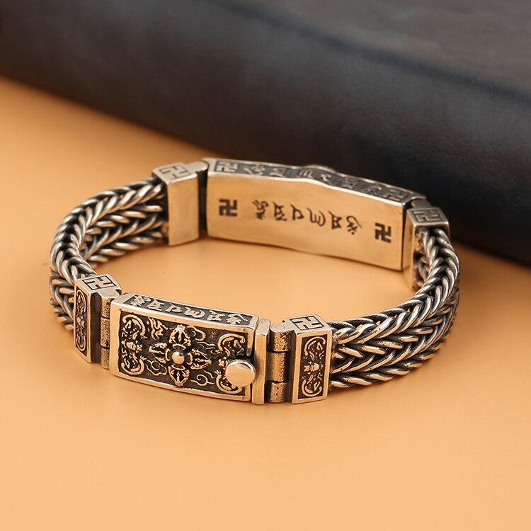New Silver Bracelet Men's Buddhism Seven-Star Turntable Six-Character Mantra Hand-Woven Chain Ethnic Style Gifts for Women