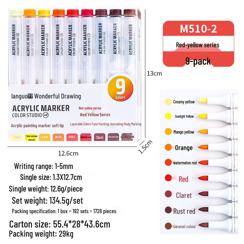Blue Fruit M510 Soft Head Acrylic Marker Pen Set - 9 Colors for Art, Painting, and Graffiti