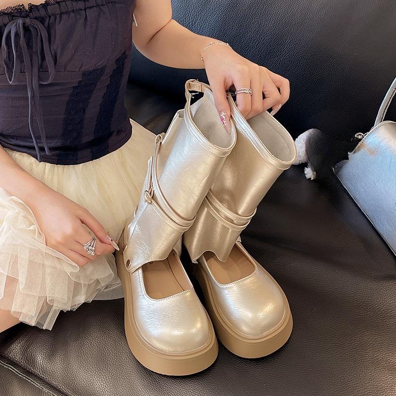 Модные туфли-одинарки на платформе, два способа носки, осенняя новинка, круглый носок, мелкая посадка, металлический ремешок, нескользящая износостойкая обувь на каблуке-рюмочке