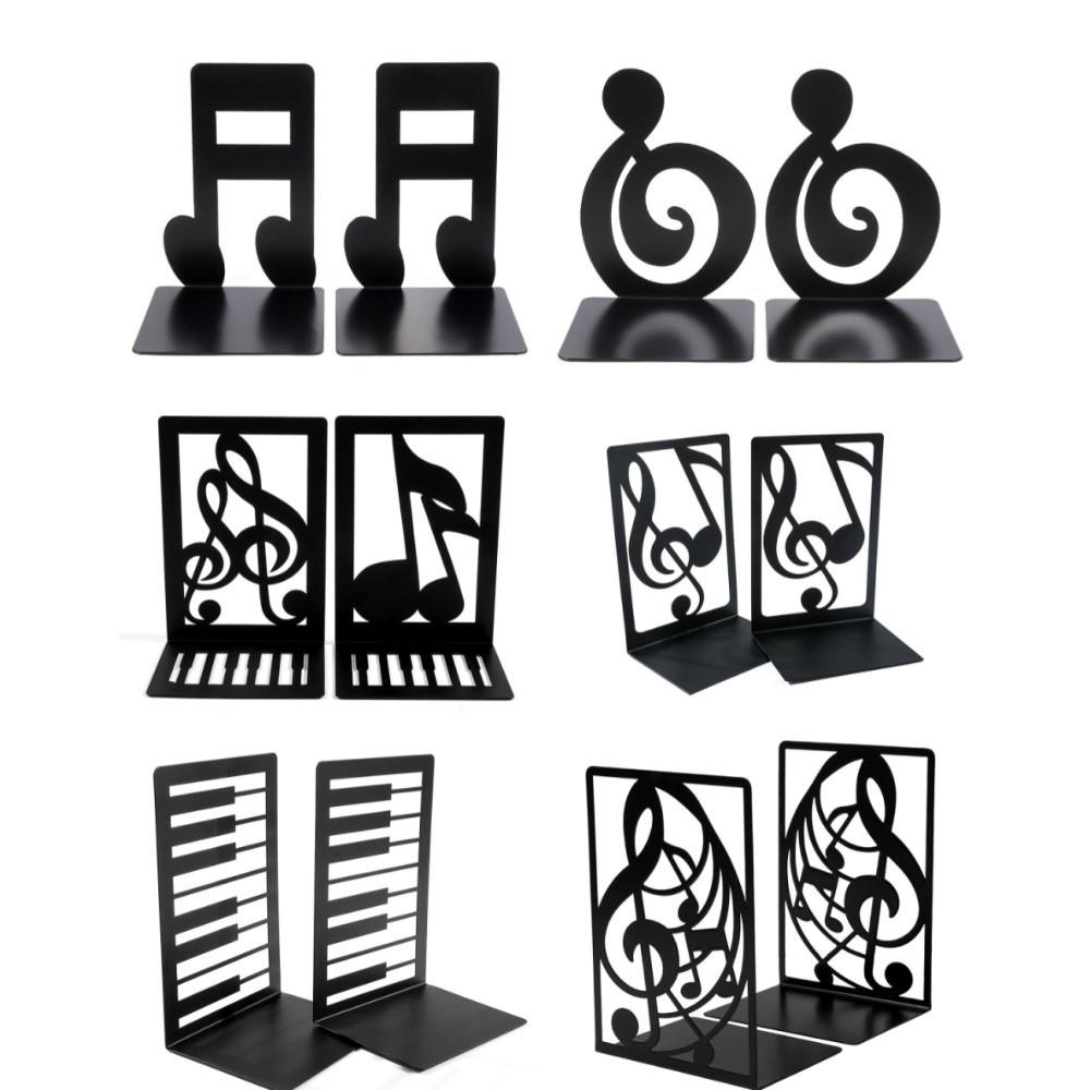 1 Pair L-Shape Music Series Metal Book End Black Artistic Piano Key Bookend Durable Exquisite Music Score Book Holder