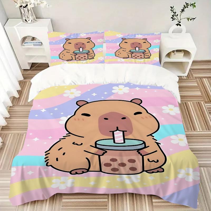 3PCs Bubble Tea, Cute Capybara Design Cover Set, Breathable Fabric, Machine Washable (1 Duvet Cover + 2 Pillowcases) (Without Quilt) yy250911144