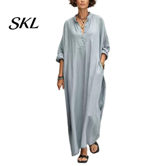 Casual Dress Summer Maxi for Women, V-Neck Oversized Boho Long Women Dress, Sleeve Button Up Vacation Sundress with Pockets Party