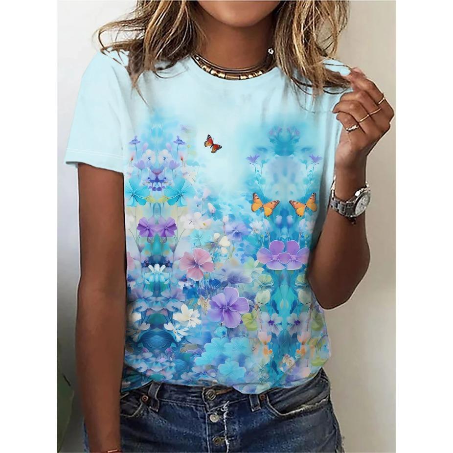 Женская футболка с принтом в виде бабочки и цветов - Удобная футболка с коротким рукавом и круглым вырезом, модная 3D-печать
