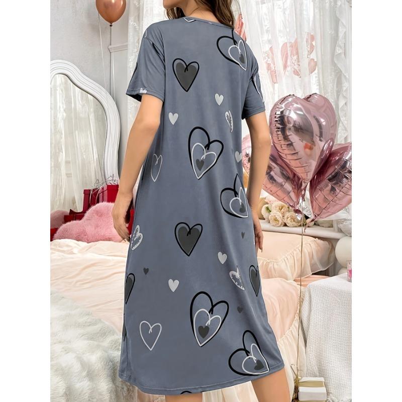 Большой размер, круглый вырез, короткий рукав, синий цвет с цветами абрикоса, домашняя одежда, ночная рубашка, платье, повседневный стиль, женская одежда с принтом