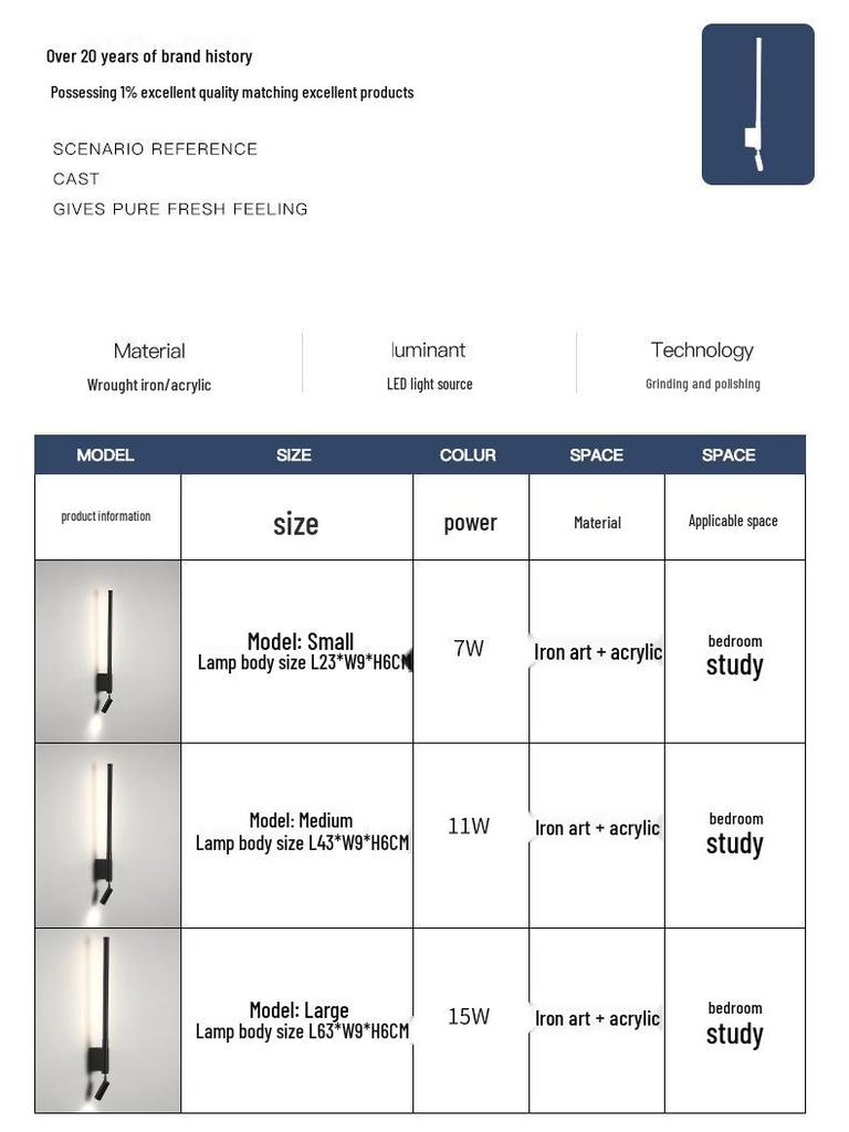 Скандинавский минималистичный настенный светильник в виде длинной полосы для прикроватной тумбочки с защищающим глаза светом для чтения и выключателем для прихожих, входов и гостиничных номеров