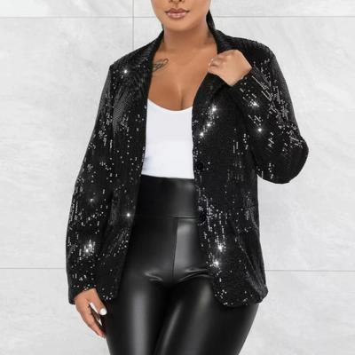 Женский пиджак с лацканами, длинный рукав, однобортный пиджак с карманами-клапанами, блестящие пайетки, свободная верхняя одежда