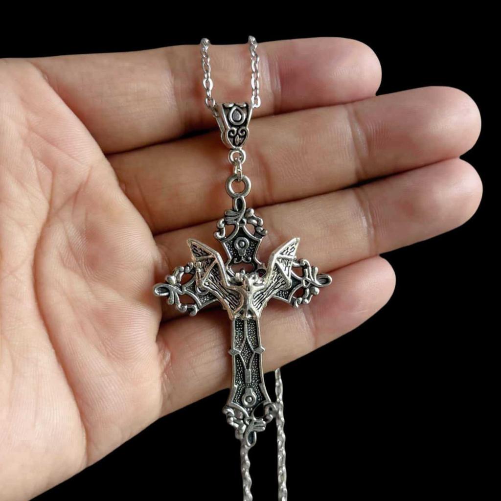 Барочное колье с подвеской в виде летучей мыши, Готическая подвеска в виде креста, Винтажное богемное колье, Ювелирные изделия в стиле 80-х